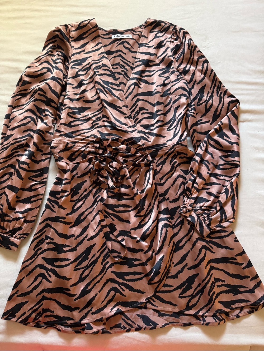 Reformation Blush Pink and Black Tiger-Stripe Wrap Mini Dress